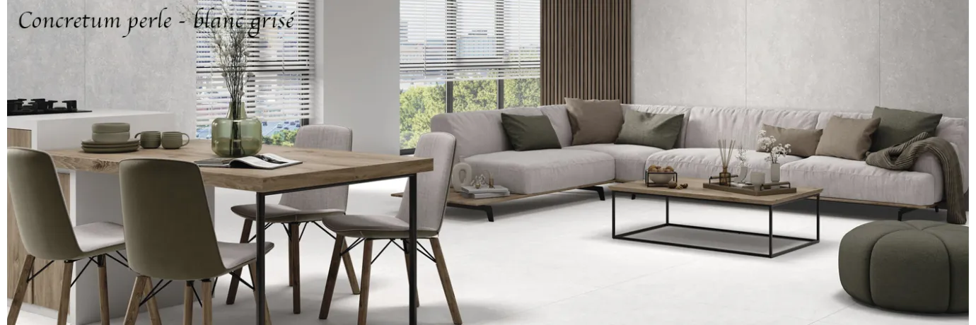 Carrelage intérieur effet béton Concretum perle et blanc grisé pour le salon