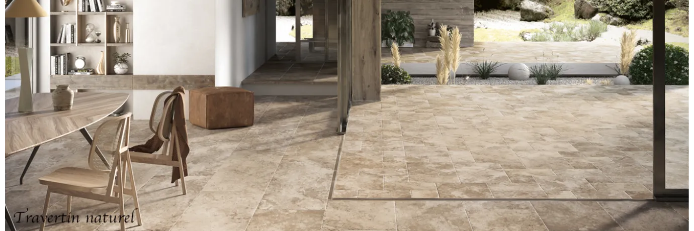 Carrelage sol extérieur effet pierre Travertin Naturel couleur beige marron pour la terrasse