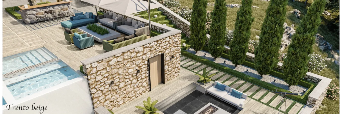 Dalle extérieur Trento beige pour la terrasse et le contour de la piscine