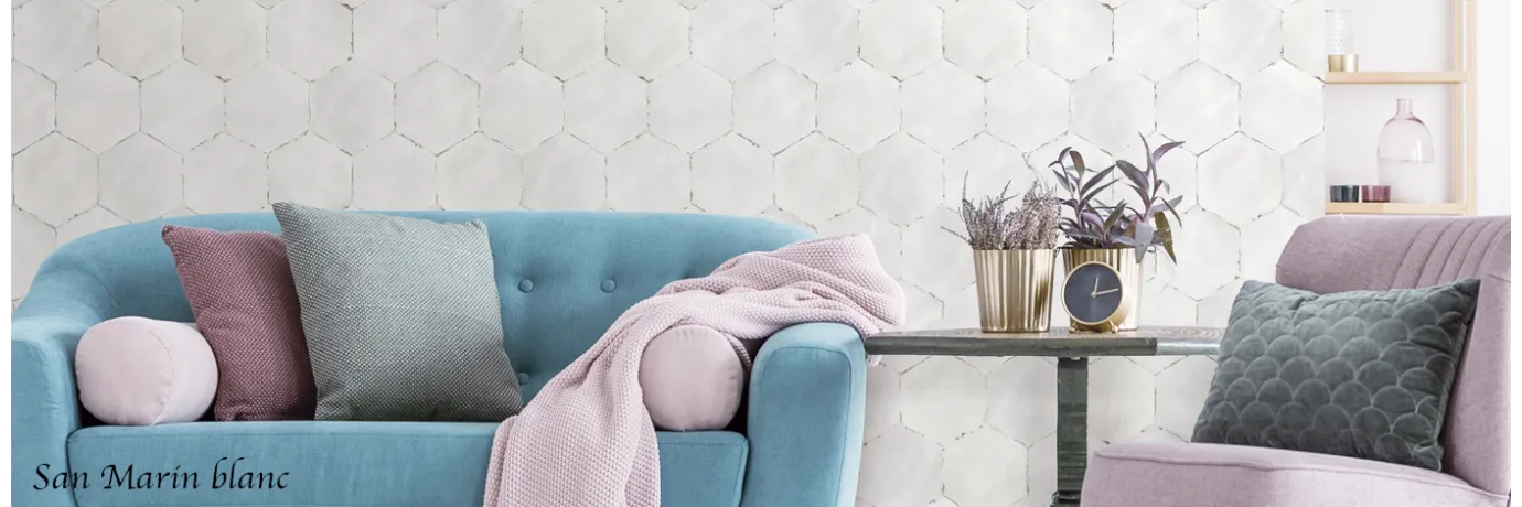 Carrelage hexagonal San Marin blanc pour le mur du salon style déco metro