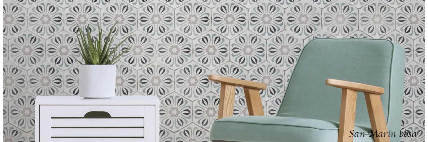 Carrelage hexagonal San Marin bosa thème florale couleur blanc bleu pour le coin lecture