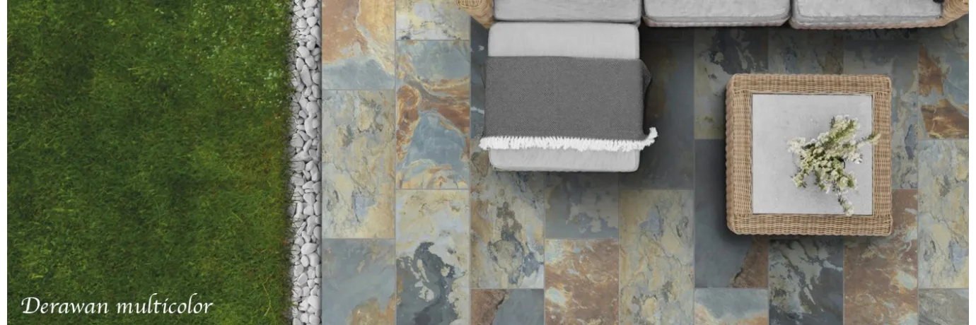 Carrelage piscine extérieur effet pierre de bali Derawan multicolor dans les tons gris, gris anthracite marron pour la terrasse