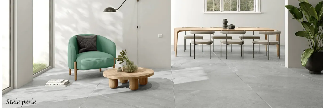 Carrelage intérieur effet pierre naturelle stèle perle pour le salon 