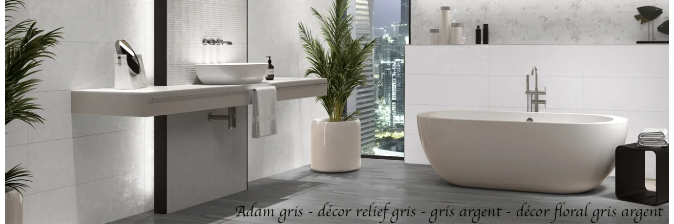 Carrelage salle de bain adam gris et gris argent avec des décors floraux et en relief.