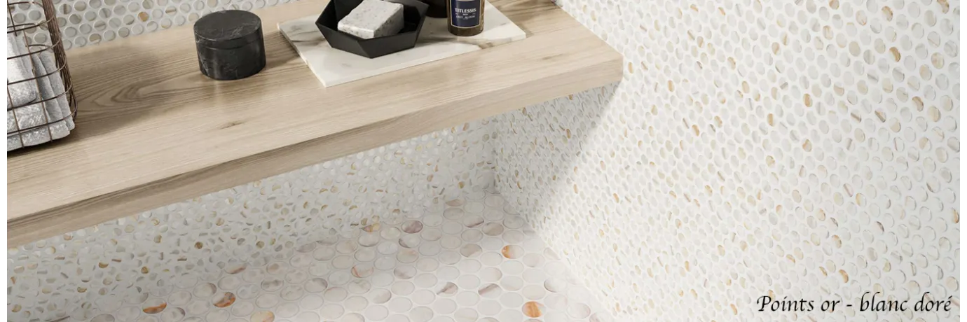 carrelage pour le mur de la douche design points or et blanc doré