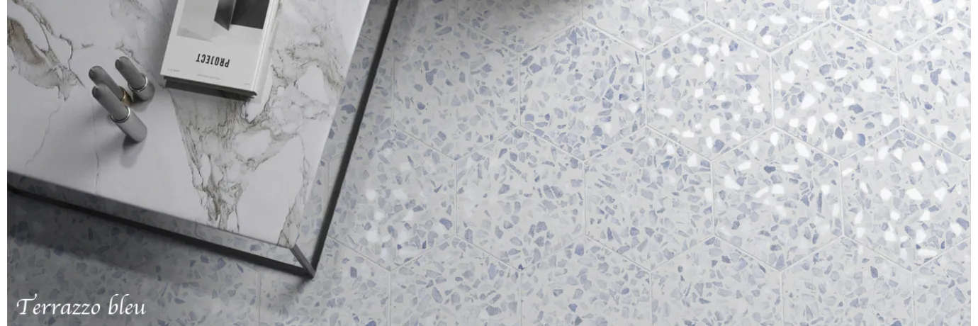 carrelage intérieur hexagonal terrazzo bleu pour le salon