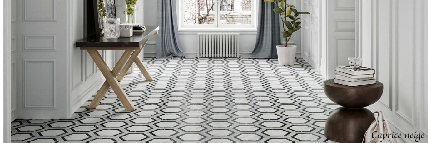 carrelage hexagonal intérieur Caprice neige pour un hall d'entrée