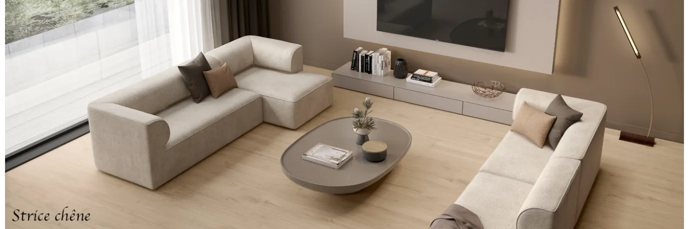 Carrelage sol imitation parquet Strice chêne couleur bois beige clair pour le sol du salon 