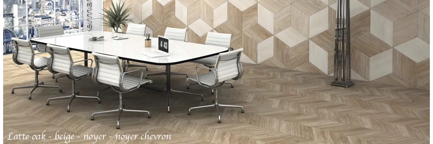 carrelage imitation parquet latte noyer chevron pour une salle de réunion