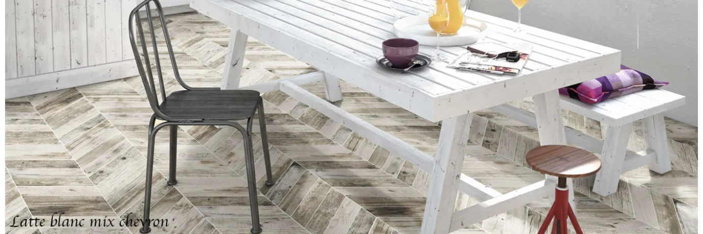 carrelage imitation parquet latte blanc mix chevron pour la cuisine