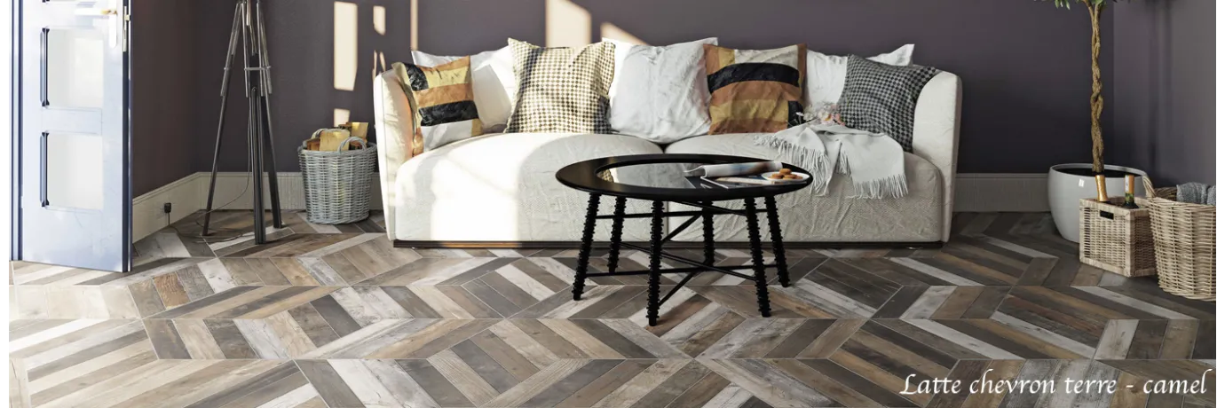 carrelage imitation parquet latte terre et camel chevron pour le salon
