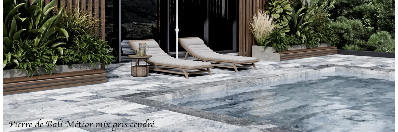 carrelage extérieur pierre de bali météor gris cendré bleuté pour le contour piscine