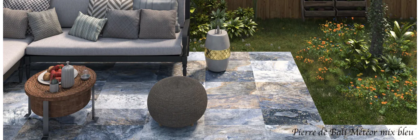 Carrelage extérieur pierre de bali météor dans les tons bleu pour la terrasse