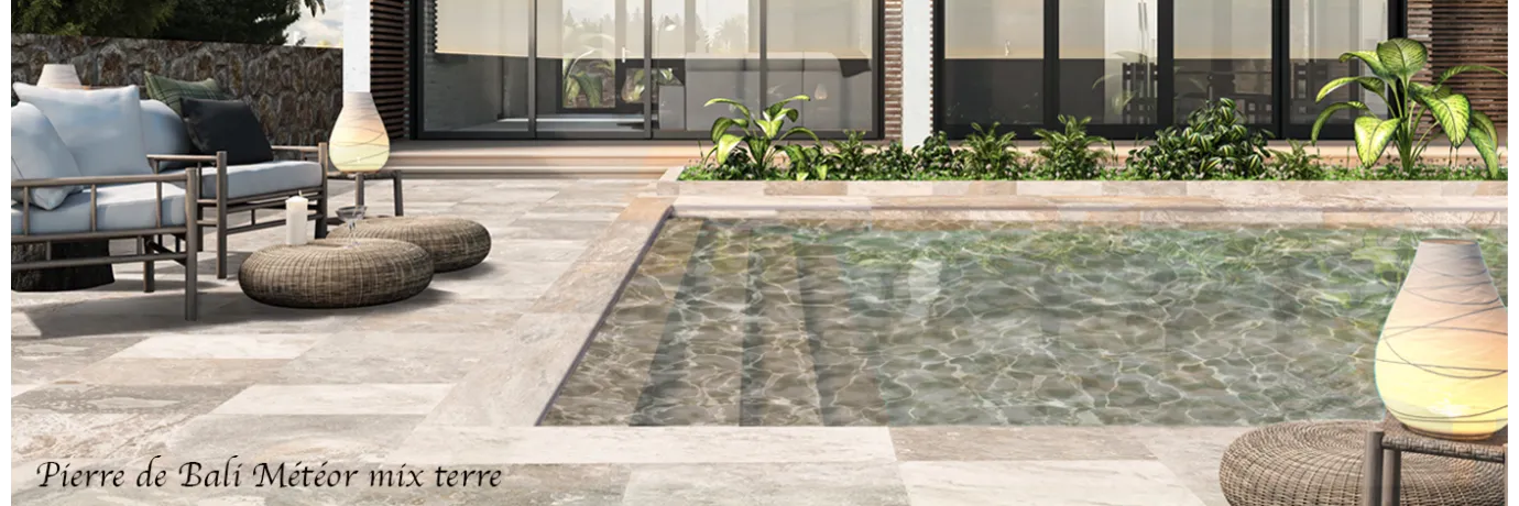 carrelage extérieur pierre de bali météor mix terre beige pour une terrasse extérieur