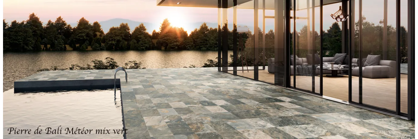 carrelage extérieur pierre de bali météor vert pour le contour piscine