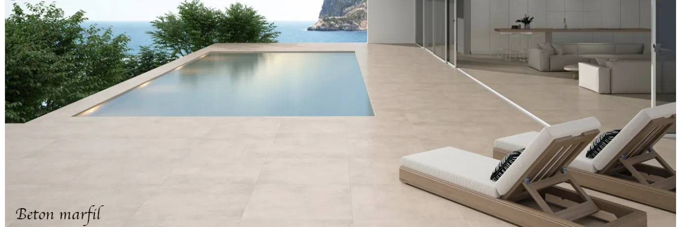 Dalle extérieur piscine béton marfil dans les tons beige pour la piscine