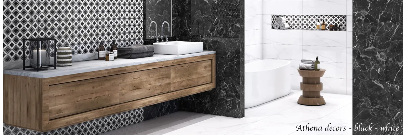 Carrelage mur effet marbre Athéna Black et blanc pour la salle de bain 