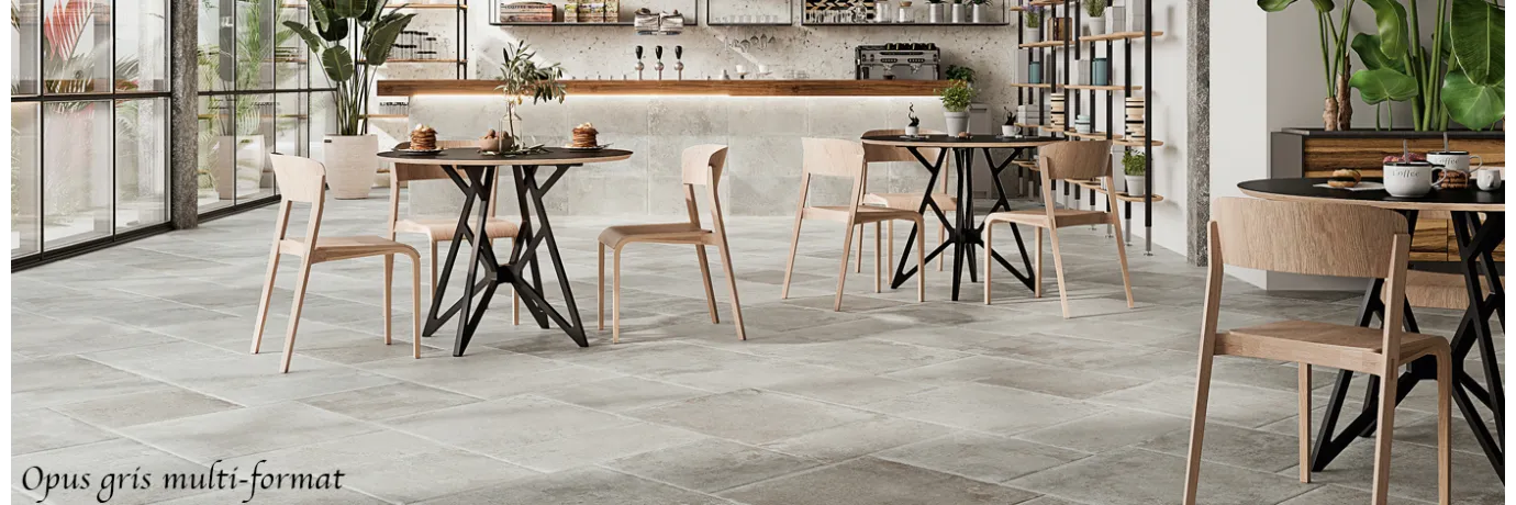 Carrelage sol effet pierre Opus gris Multi-format pour un restaurant