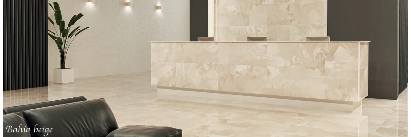 carrelage grand format marbre bahia beige pour le hall d'entrée d'un hôtel style dubai