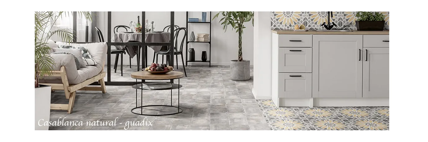 Carrelage sol effet carreaux de ciment Casablanca natural gris clair et décor guadix pour le séjour