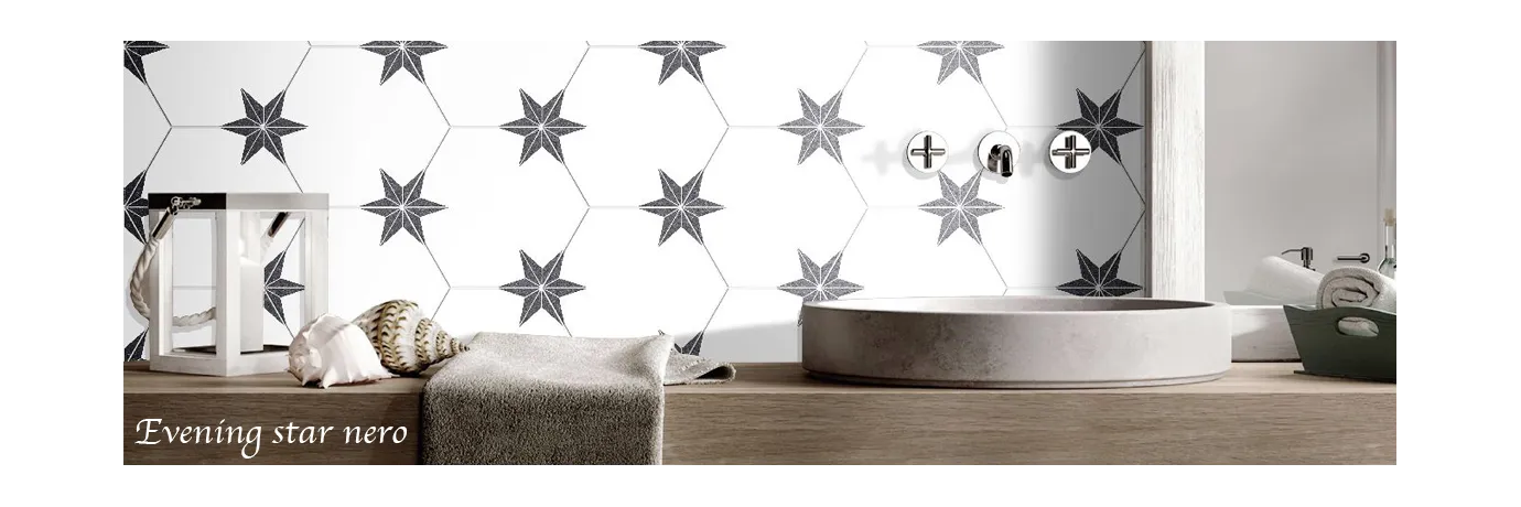 Carrelage sol hexagonal Evening Star Nero théme étoile blanc et noir pour le mur de la salle de bain