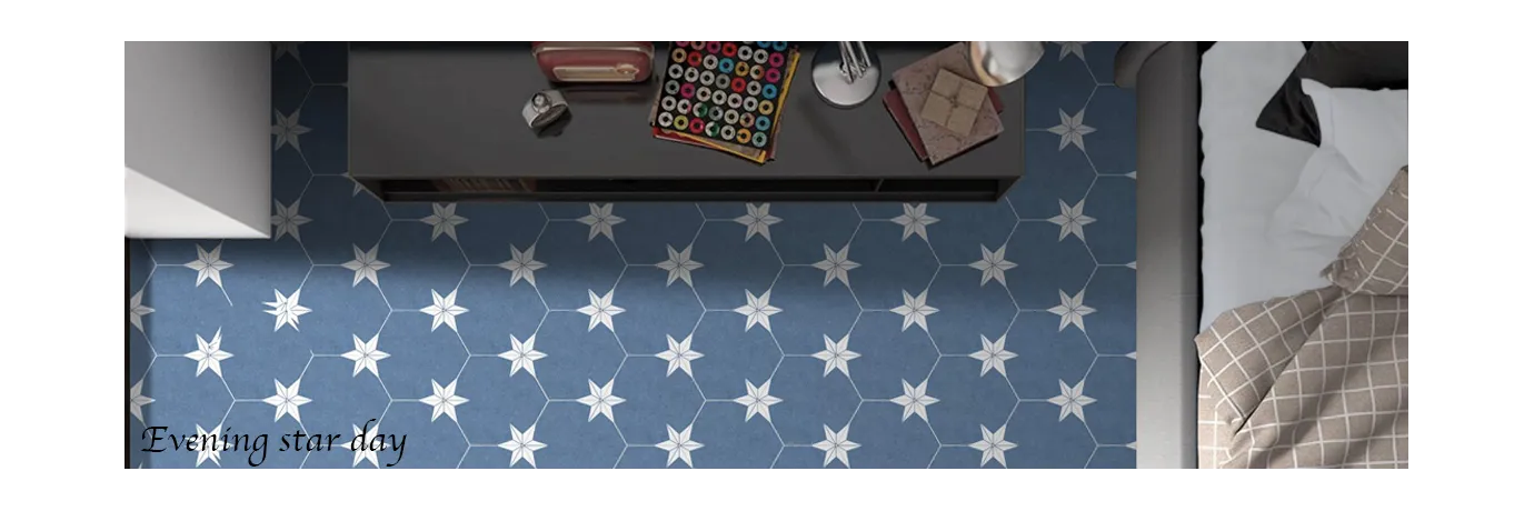 Carrelage sol hexagonal Evening Star day dans les ton bleu thème étoilé pour le sol de la chambre