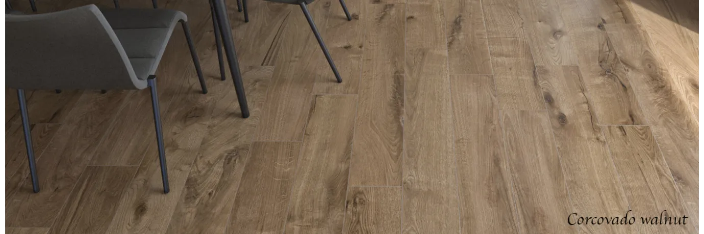 Carrelage imitation parquet corcovado walnut marron foncé pour le salon