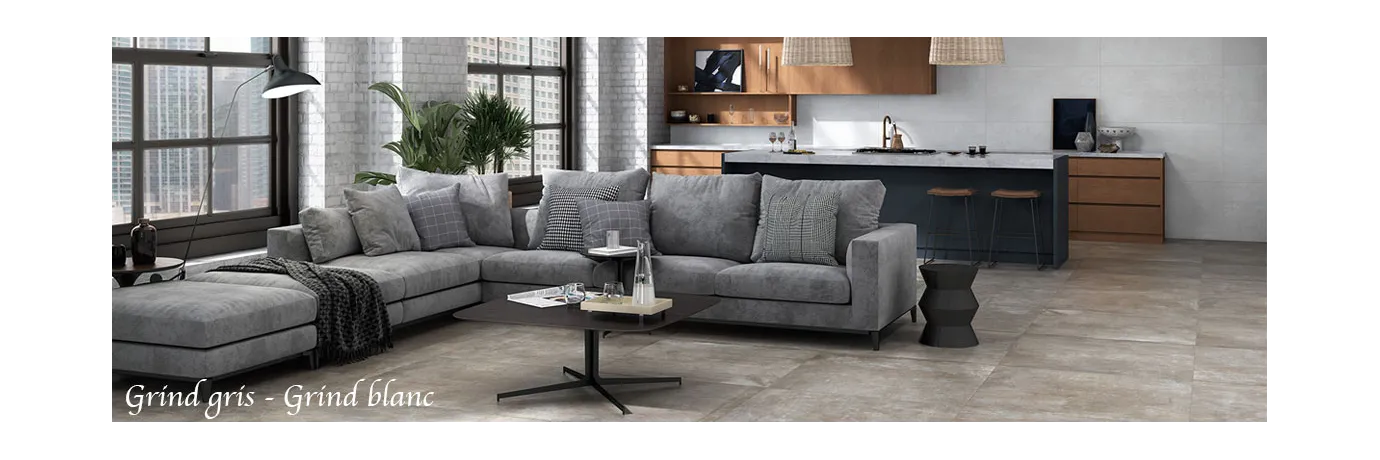Carrelage sol moderne Grind grey et blanc pour le salon