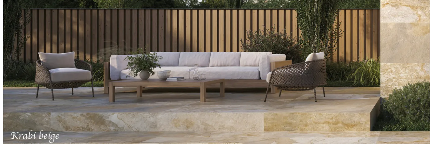 Carrelage sol extérieur effet pierre de bali Krabi beige pour la terrasse style pierre de bali