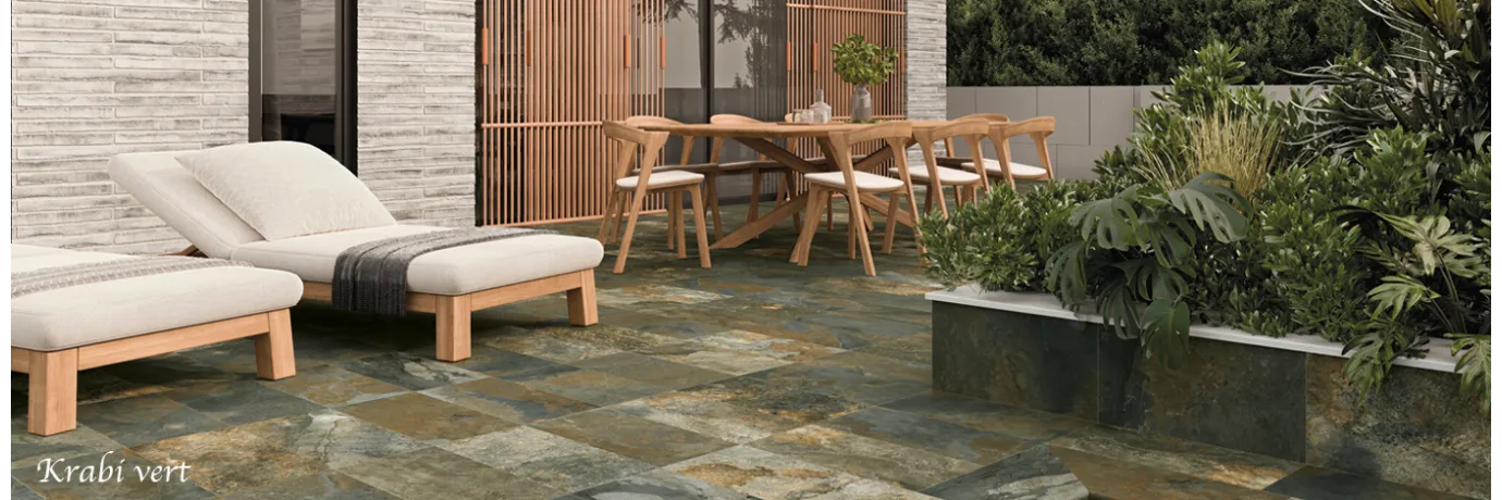 Carrelage sol extérieur effet pierre de bali Krabi vert pour la terrasse