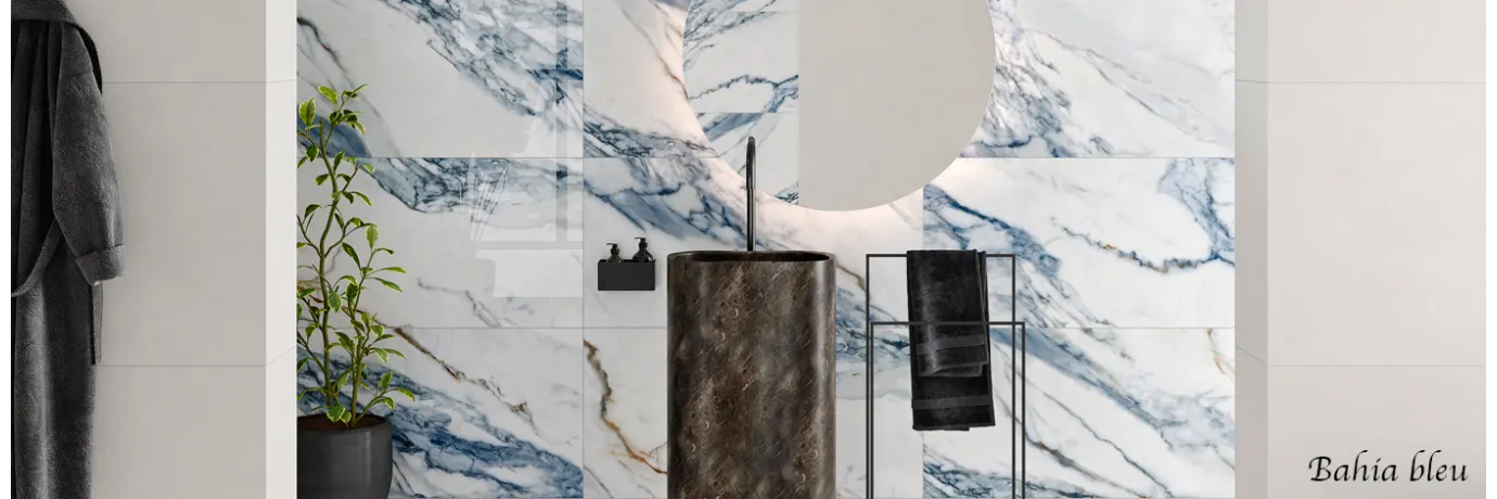 carrelage poli brillant imitant le marbre Bahia gris mur salle de bain