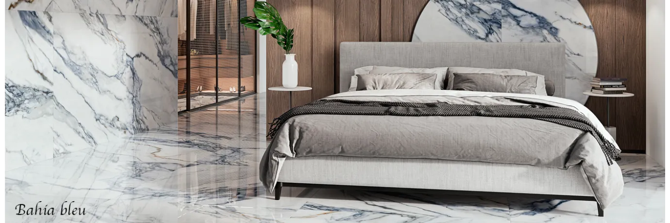 Carrelage poli effet marbre bahia bleu et blanc pour le sol de la chambre