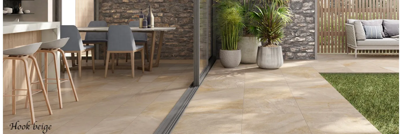 carrelage extérieur dalle hook beige pour la térrasse assortie au carrelage du salon