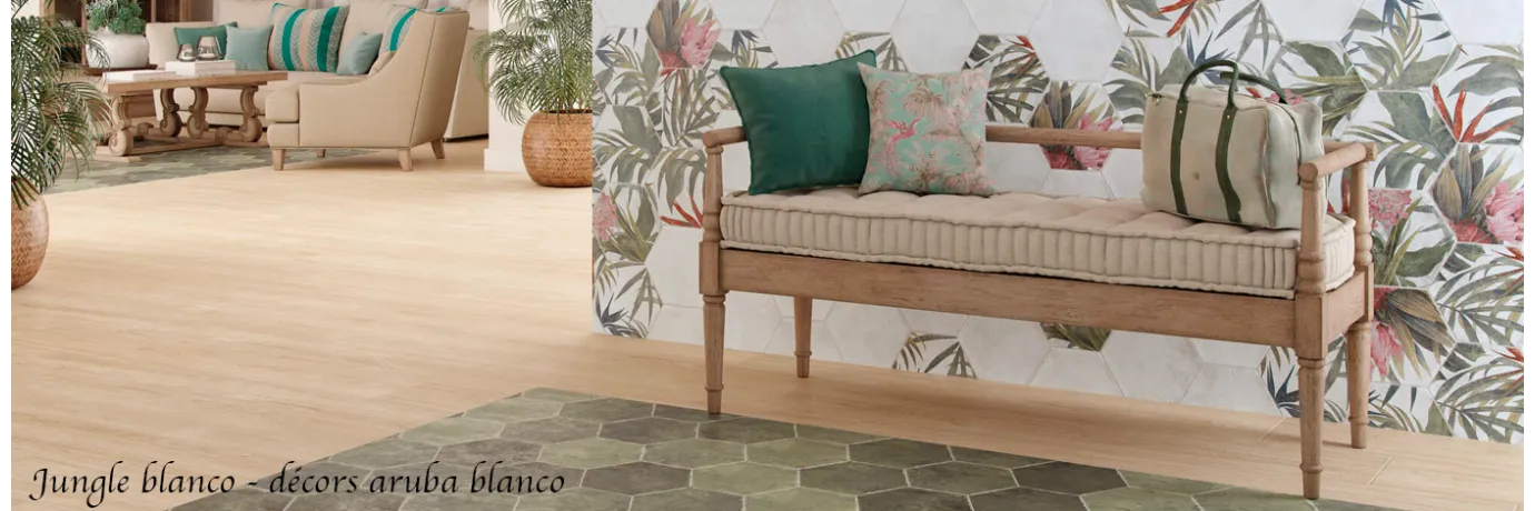 Carrelage sol et mur hexagonal Jungle decors aruba blanco théme feuillage et vert pour le sol