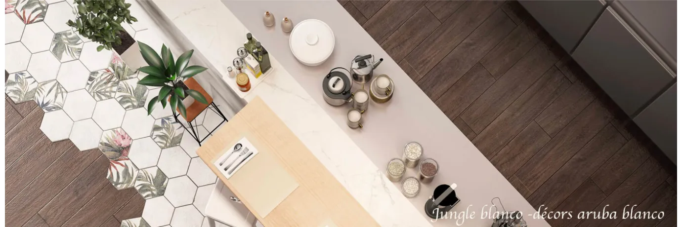  carrelage intérieur carreaux de ciment jungle blanco dans les ton blanc avec des carreaux décor thème feuillage alterné