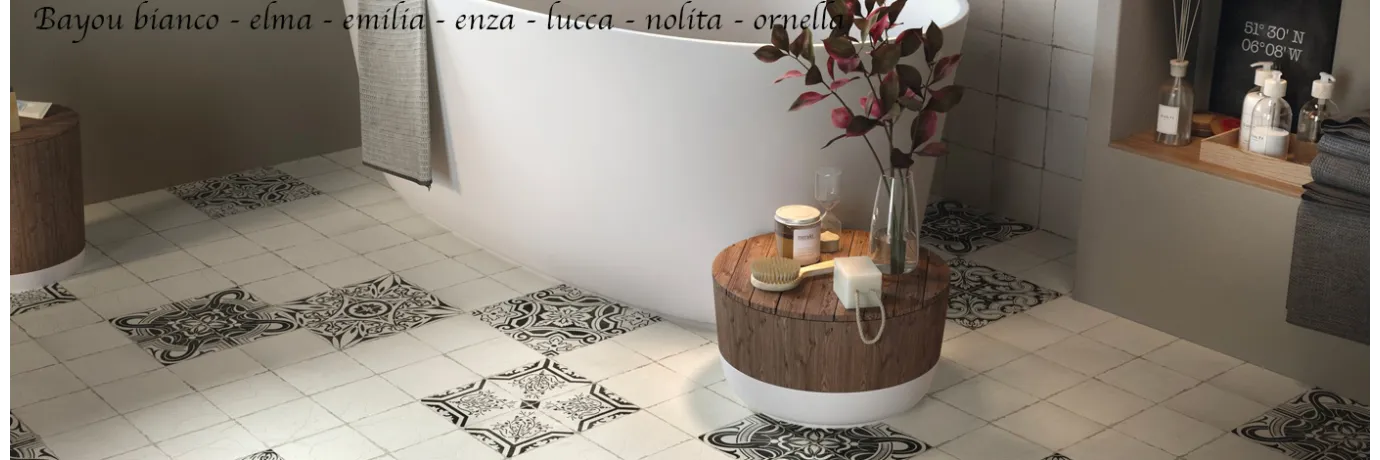 Carrelage sol effet carreaux de ciment Bayou Lucca mix couleur noir et blanc avec des motifs pour la salle de bain 