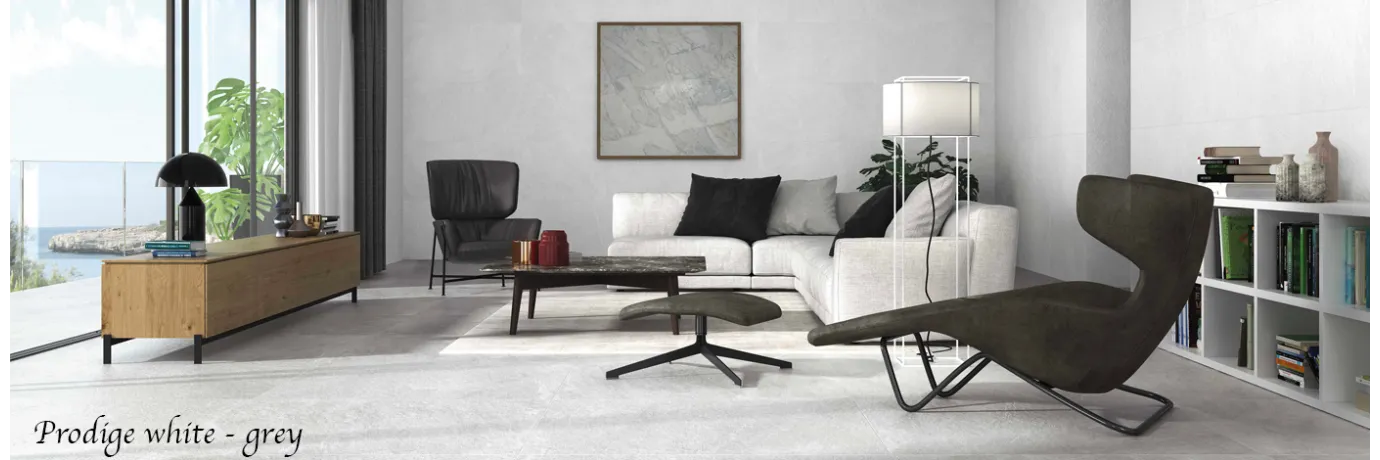 Carrelage sol effet pierre Prodige grey et white pour le salon