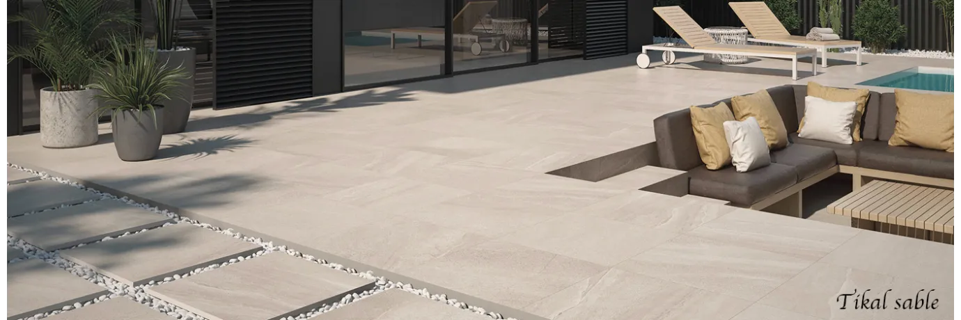 Dalle extérieur Tikal 2.0 Sable couleur gris pour le salon de jardin creusé style déco de bali