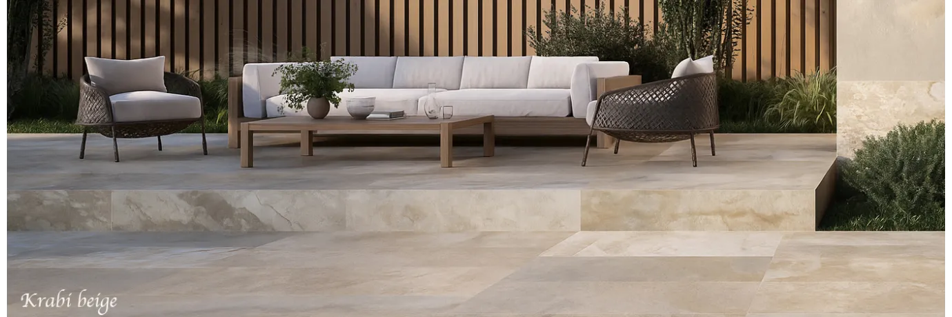 Carrelage sol extérieur effet pierre de bali Krabi beige dans les tons beige, gris pour la terrasse