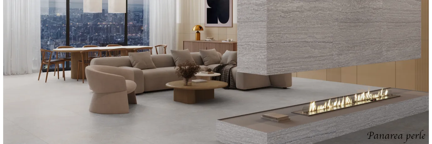 Carrelage sol effet Travertin Panarea perle pour le sol du salon