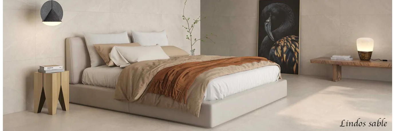 Carrelage sol effet pierre Lindos Sable couleur beige pour la chambre