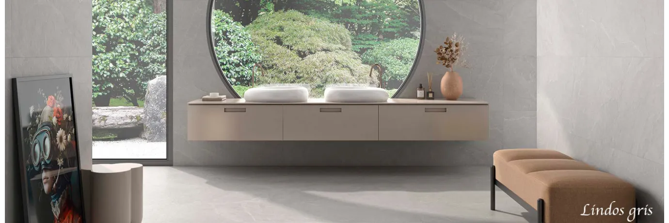 Carrelage sol effet pierre Lindos Gris pour le mur et le sol de la salle de bain ambiance zen