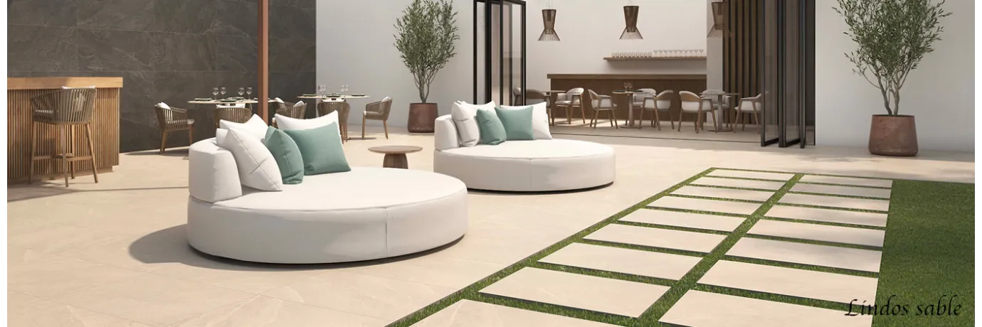 Dalle extérieur Lindos 2.0 Sable couleur beige pour la terrasse style déco ibiza