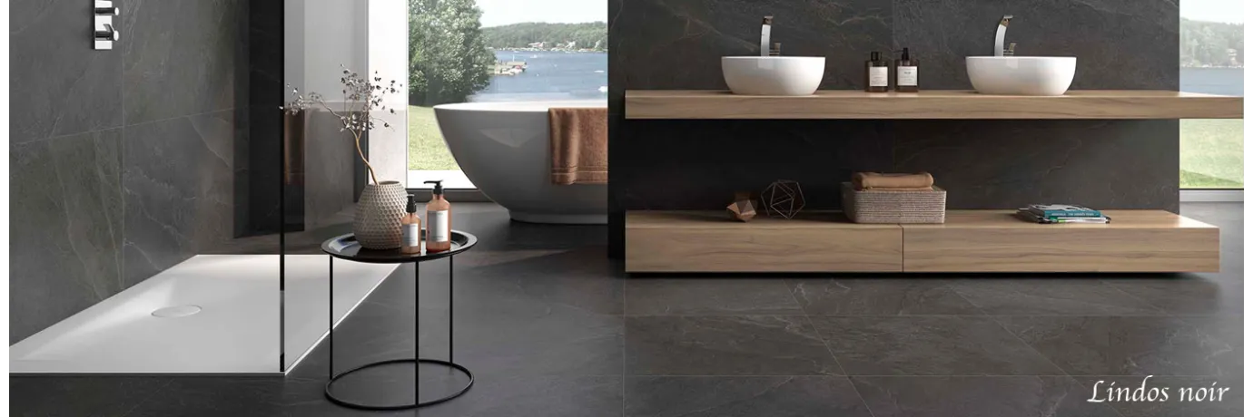 Carrelage sol effet pierre Lindos Noir pour la salle de bain style déco classe