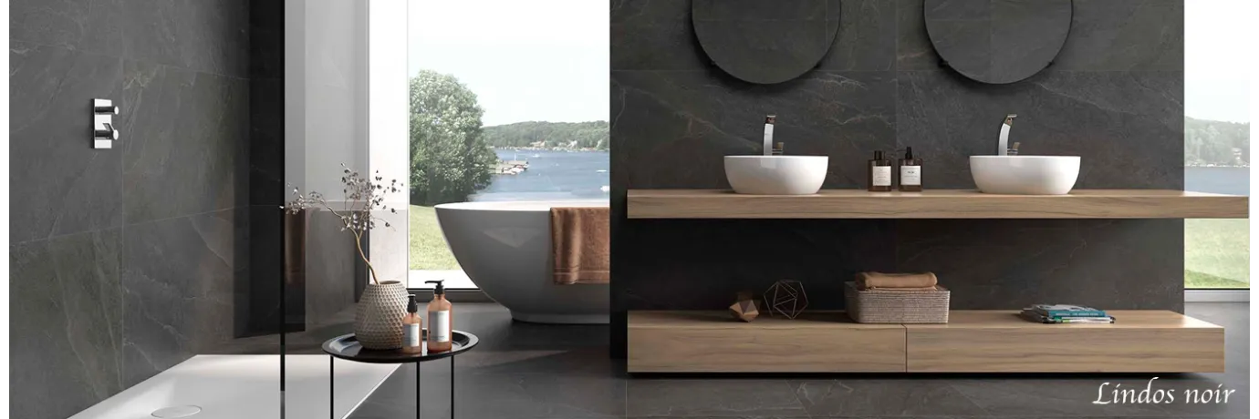 Carrelage sol effet pierre Lindos Noir pour une salle de bain style déco zen