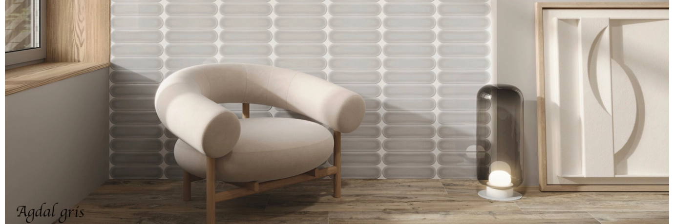 Carrelage mur effet zellige Agdal gris pour le mur du coin bibliothèque