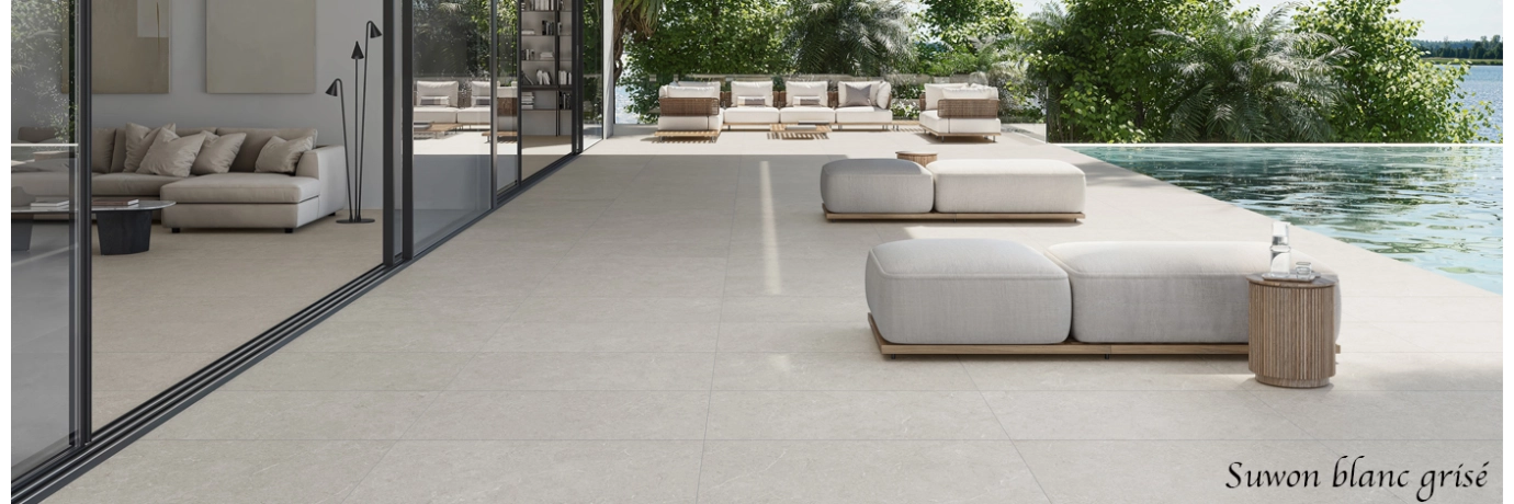 Carrelage sol extérieur effet pierre Suwon blanc grisé pour la terrasse style déco classe 