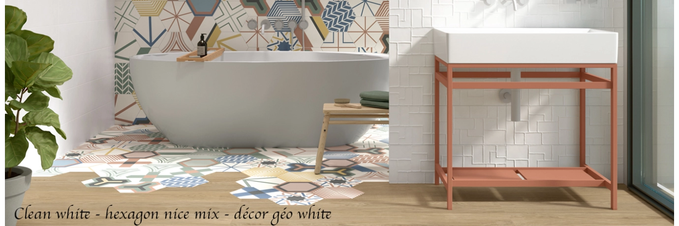 carrelage salle de bain zen clean white et hexagon et décor géo white