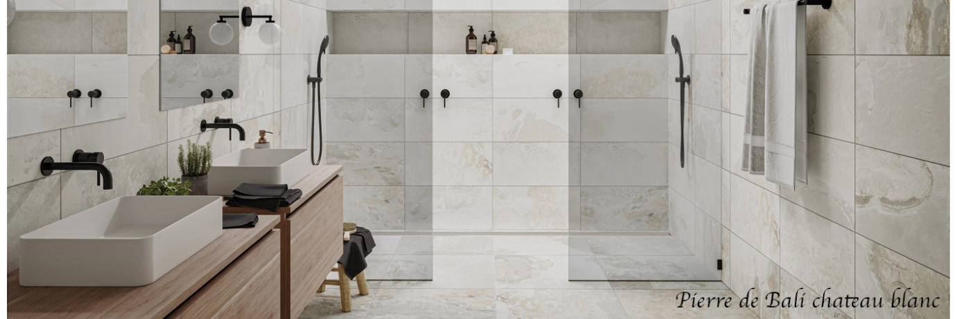 Carrelage sol et mur extérieur effet pierre de bali Chateau blanc pour la salle de bain