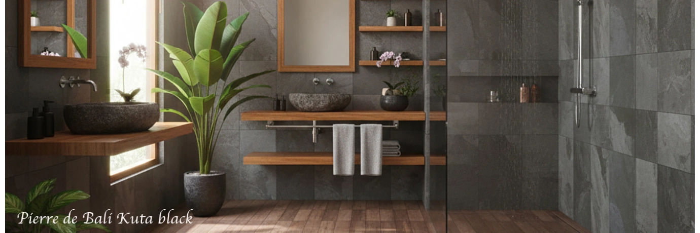 Carrelage mur effet pierre de Bali Kuta Black pour l'intérieur de la douche 